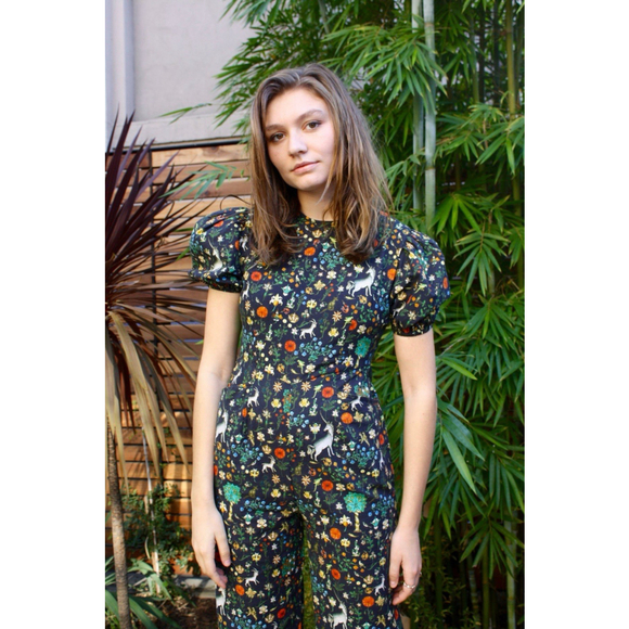 Samantha Pleet Pants - Samantha Pleet Garden Jumpsuit Puff Sleeve 2 Black Illuminated Ethereal Floral
